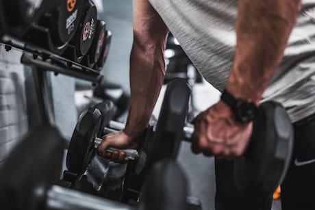 Set of dumbbells on a rack